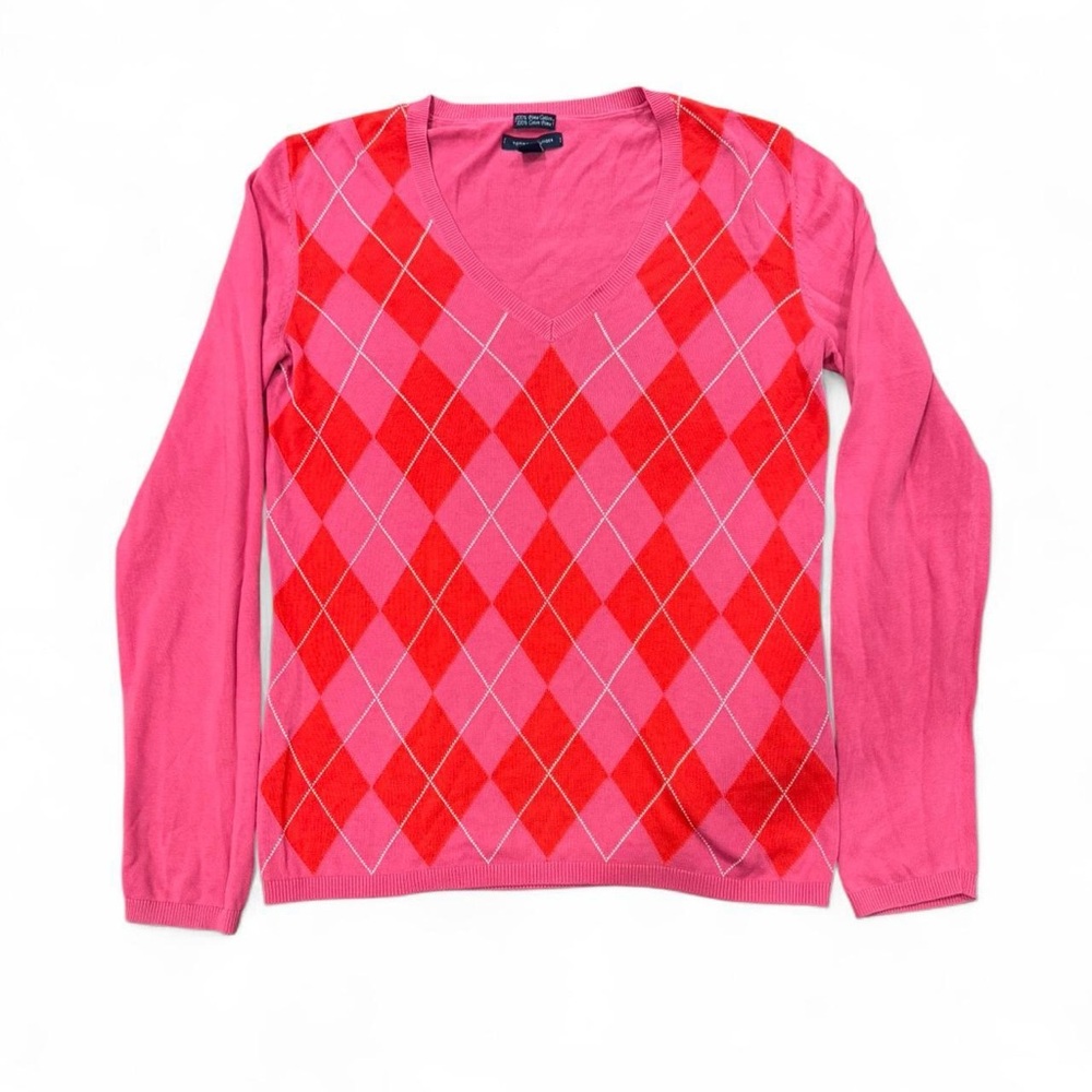 Tommy Hilfiger Pink and Red Argyle V-Neck Sweater